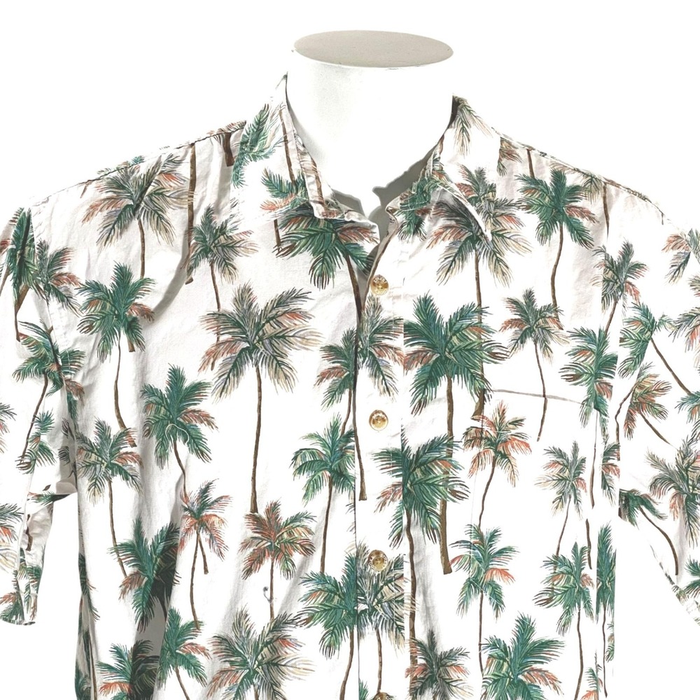 Cooke Street Hawaiian Aloha Shirt Large Palms Floral White Green - Picture 2 of 7